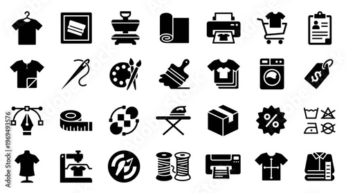 Collection of Icons Representing Textile Manufacturing and Clothing Design Processes