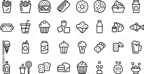 Food and beverage line icon set featuring burger fries coffee and dessert elements