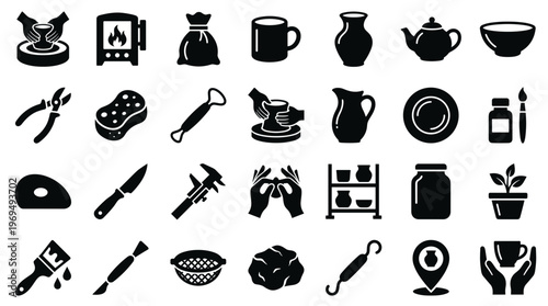 Ceramic Art Studio Tools and Supplies Collection Icons Set