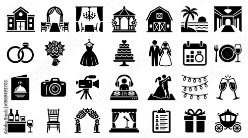 Collection of wedding icons representing various elements of a wedding celebration and planning