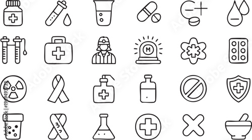 Healthcare icon bundle with doctor equipment and medicine symbols