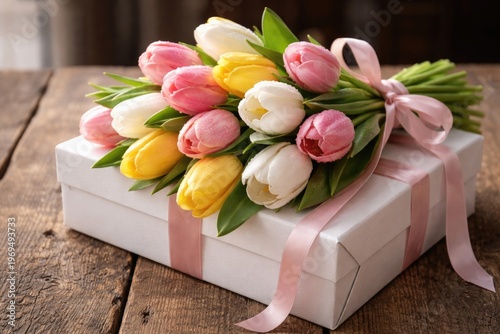 Tulip flower bouquet on a white present box on a rustic wooden surface