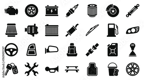 Collection of Car Parts Icons and Symbols for Automotive Industry and Repair Services