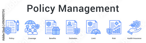 Policy management banner web icon outlines coverage terms, benefits, exclusions and risk limits for insurance contracts.