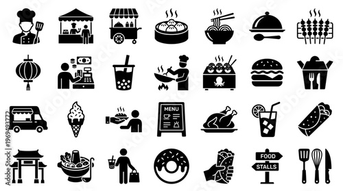 Diverse Food Icons Collection Representing Culinary Delights and Street Food Experiences