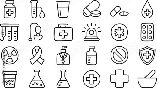 Hospital and healthcare outline icons with medicine and emergency symbols