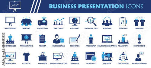 Business Presentation Icon Set. Collection of Whiteboard, Projector, Keynote, Meeting, Conference, Seminar, Teamwork, Briefing and More Icons. Editable Flat Vector Illustration.