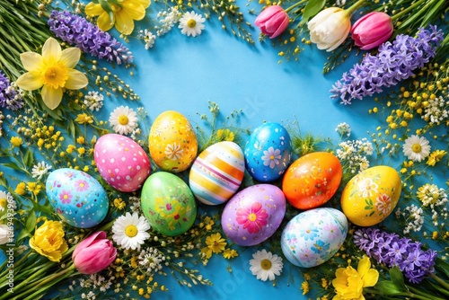 Brightly decorated Easter eggs with spring flowers and greenery on a vivid blue background