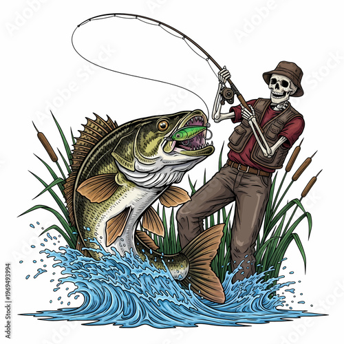 Skeleton fisherman catching big walleye fish in the river