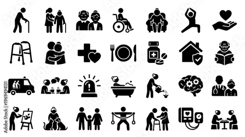 Senior Care Icons Representing Health, Support, and Active Aging Lifestyles