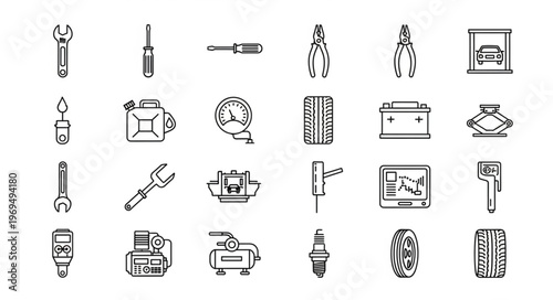 Collection of Hand-Drawn Automotive Tools and Parts Icons.