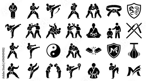 Martial Arts Icon Set Karate Kung Fu Combat Sports Training Fitness and Self Defense Symbols
