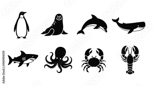 A collection of marine animal silhouettes including penguins whales sharks and crustaceans displayed in black and white silhouette high quality professional