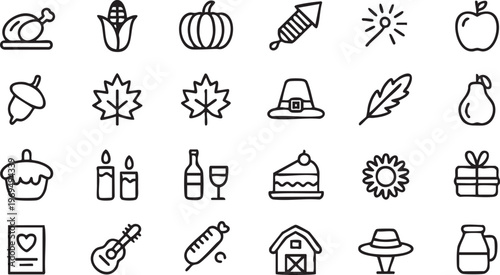 Thanksgiving harvest icon pack with food farm and festive symbols