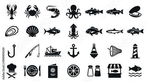 Seafood and Fishing Icons Collection A Diverse Array of Marine Life Culinary Delights and Nautical Elements