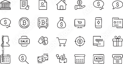Business finance outline icons for UI design with money and transaction elements