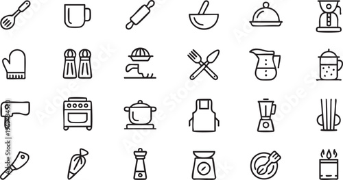Kitchen utensil icon collection with cooking appliances and food preparation tools