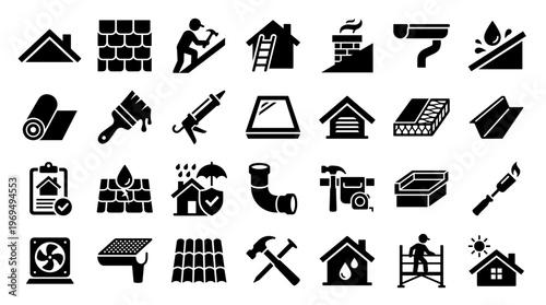 Roofing Construction and Repair Icons Set Building Maintenance Tools and Materials