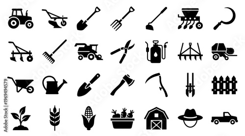 Collection of farm equipment and tools icons representing agriculture and farming industry