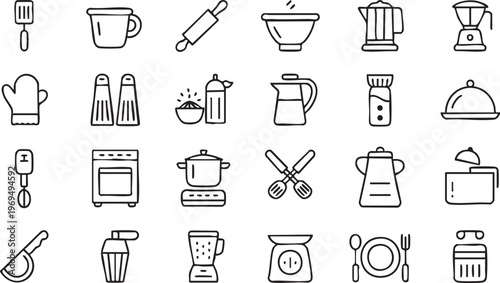 Cooking outline icons for UI design with kitchen utensils and appliances