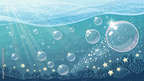 Underwater scene with sparkling bubbles and stars in blue ocean shining sun rays and wavy surface