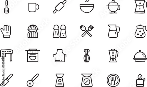 Cooking and kitchen line icon set featuring utensils appliances and cookware elements