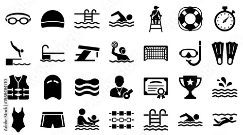 Collection of swimming and water sports icons representing various aquatic activities and equipment for pool and open water fun