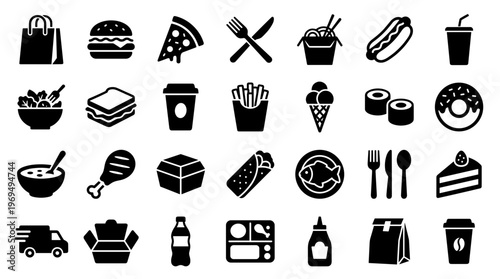 Collection of diverse food and drink icons representing fast food and meals for delivery or takeout