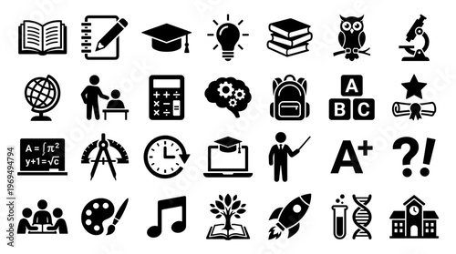 Collection of education and learning icons representing knowledge and academic subjects