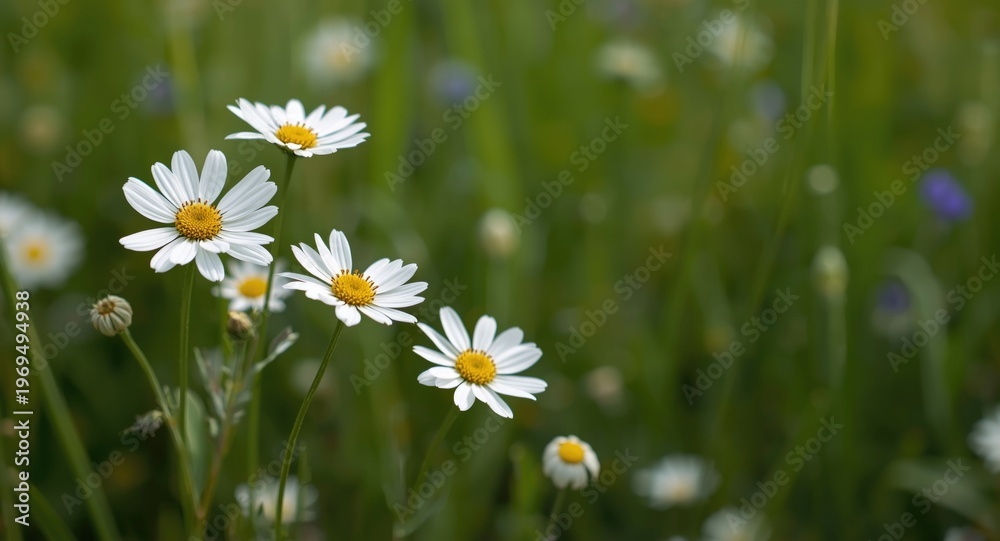 Fototapeta premium White flower marguerite style blooms enhancing a peaceful meadow background with copy space