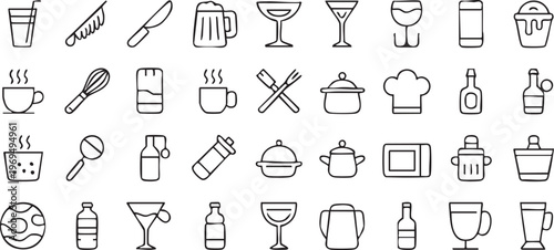Drink and coffee icon collection with beverage bar and restaurant symbols