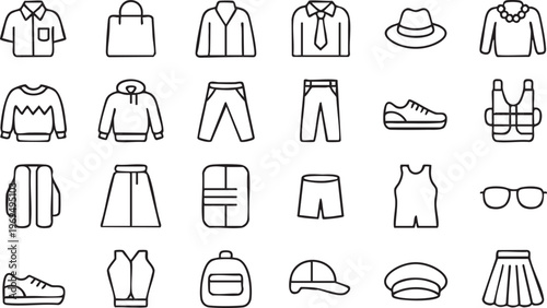 Clothing and fashion icon collection with retail apparel and wardrobe symbols
