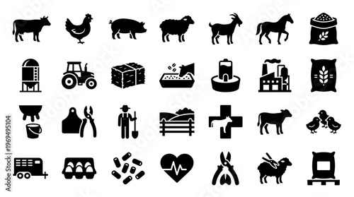 Farm Animals Livestock Agriculture Icons Set Vector Graphic Collection Livestock Farming Equipment Silo Tractor Barn Poultry Horse Pig Cow Sheep Goat