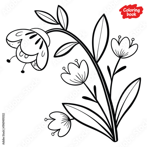 Cartoon Flowering Plant Coloring Page – Botanical Nature Illustration with Black and White Outline for Kids Educational and Creative Learning