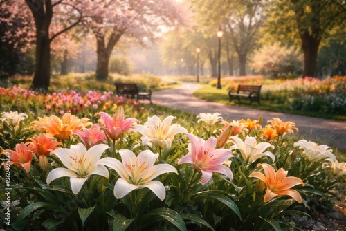 Blooming lilies brightening a peaceful park in early spring