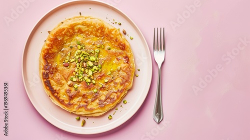 Golden crispy fried flatbread topped with chopped green pistachios served on a minimalist pink plate for a gourmet dessert or breakfast experience in bright light