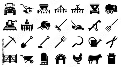 Collection of agricultural farming equipment and tools icons representing modern and traditional farming practices