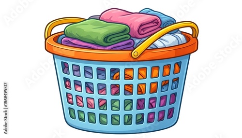 Cartoon laundry basket filled with colorful folded clothes and towels on a white background