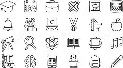 Learning and education icon pack with academic study and classroom symbols