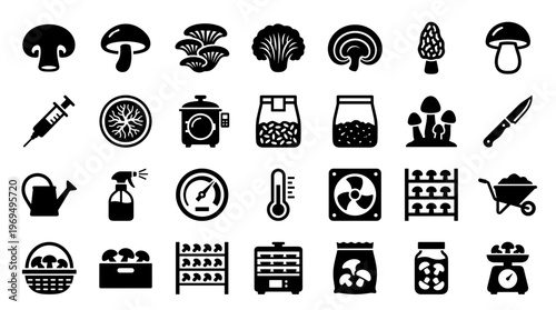 Mushroom Cultivation Icons Set Farming Equipment Supplies Growing Supplies and Mushroom Varieties