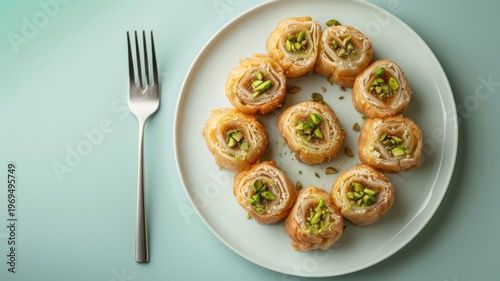 Delicious crispy baklava rolls topped with crushed green pistachios arranged on a modern ceramic plate with a silver fork on a minimalist light mint green background