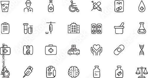 Healthcare and medical line icon set featuring doctor syringe and treatment elements
