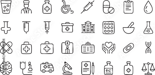 Healthcare medical icon collection with hospital treatment and patient care symbols