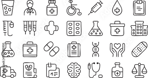 Medical and healthcare icon collection with hospital care and treatment elements