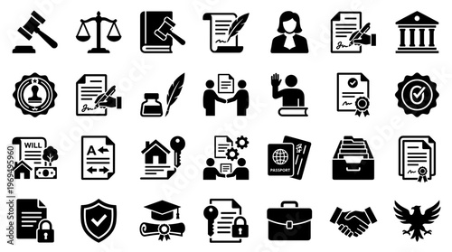 Legal and business icons collection representing justice law and finance concepts