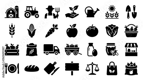 Diverse Farm Icons Collection Representing Agriculture Food Production And Rural Life