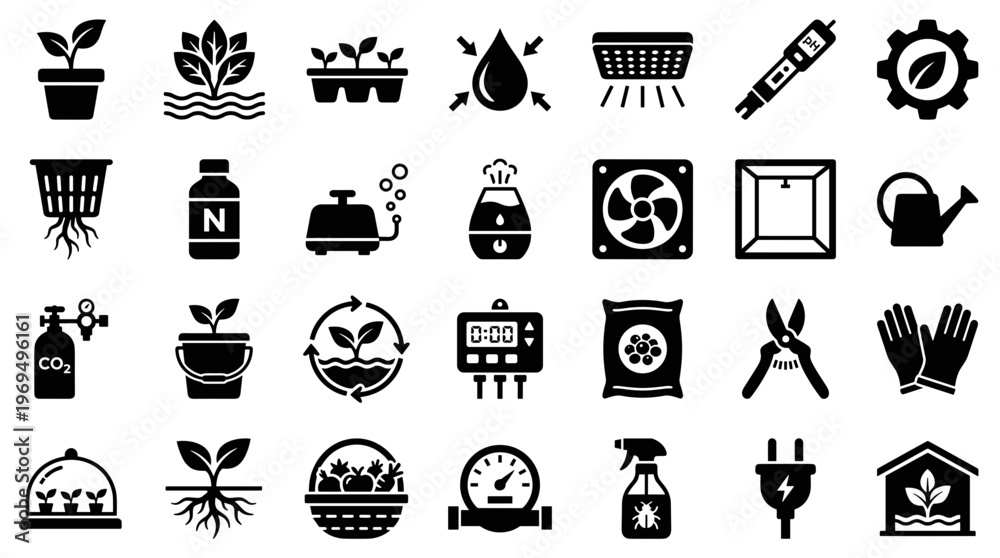 Fototapeta premium Hydroponic Gardening Icons Set Growing Plants Equipment Supplies and Tools for Indoor Farming and Agriculture