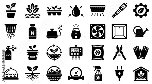 Hydroponic Gardening Icons Set Growing Plants Equipment Supplies and Tools for Indoor Farming and Agriculture