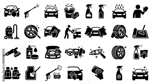 Car Wash Icons Set Collection Of Automotive Cleaning And Detailing Services Symbols And Equipment