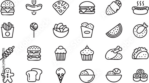 Fast food snack icon collection with junk food dessert and street food symbols
